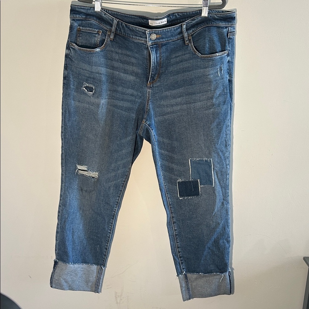 LOFT, Woman’s Size Modern Straight Blue Cropped Jeans with Distressed Details